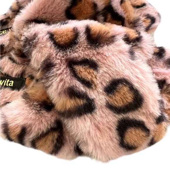 Dolce Vita Leopard Print Faux Fur Cross Band Slippers Womens Cozy Plush Slides 6 - Picture 7 of 8